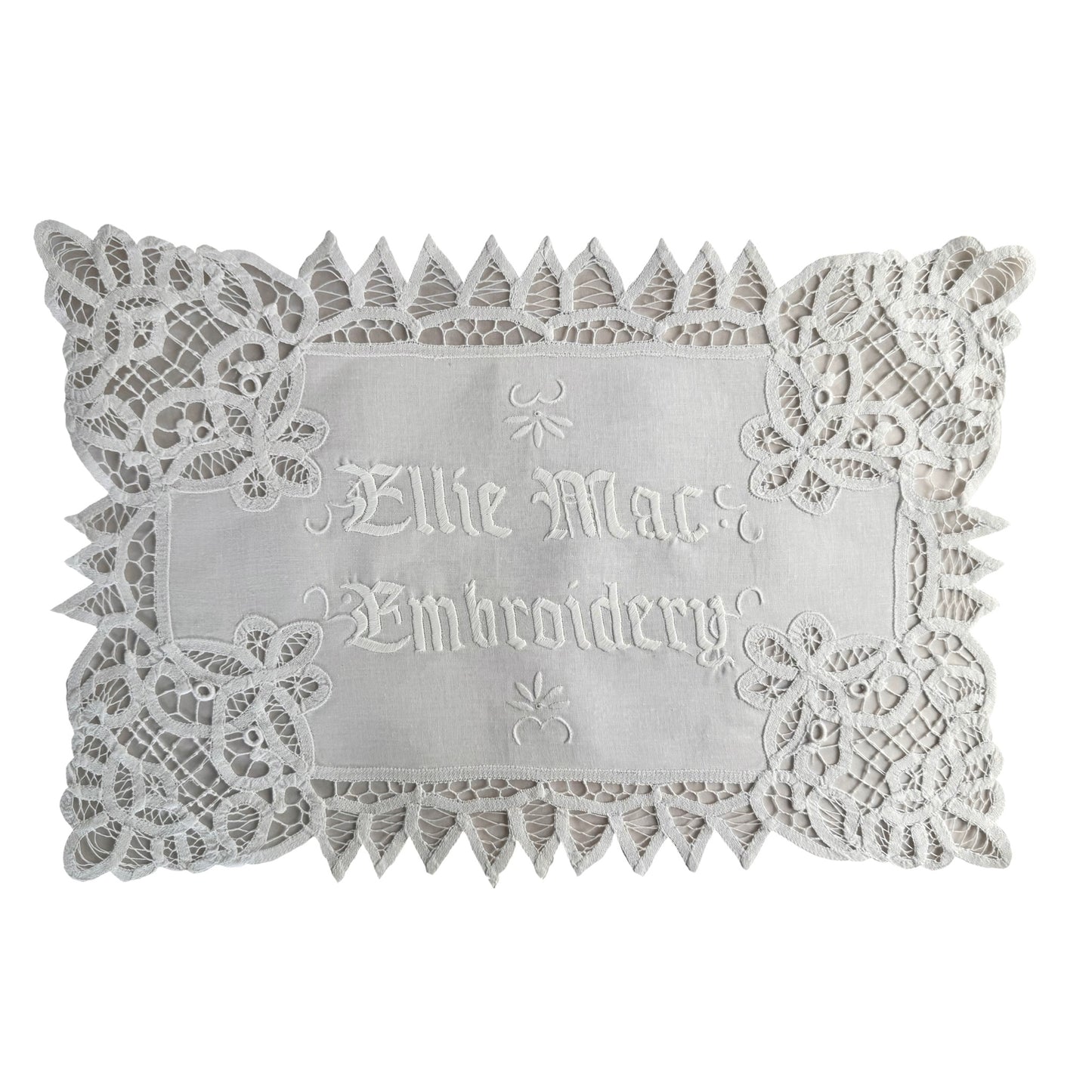 Decorative lace doily with embroidered text on a white background