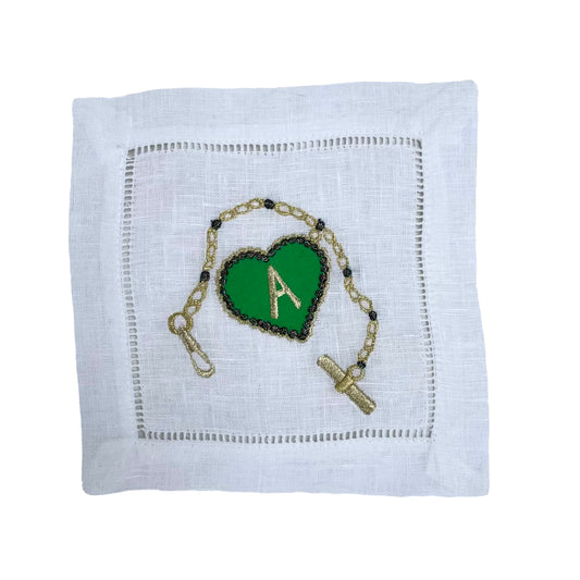 Gold bracelet with customisable heart charm artwork in green on a white background