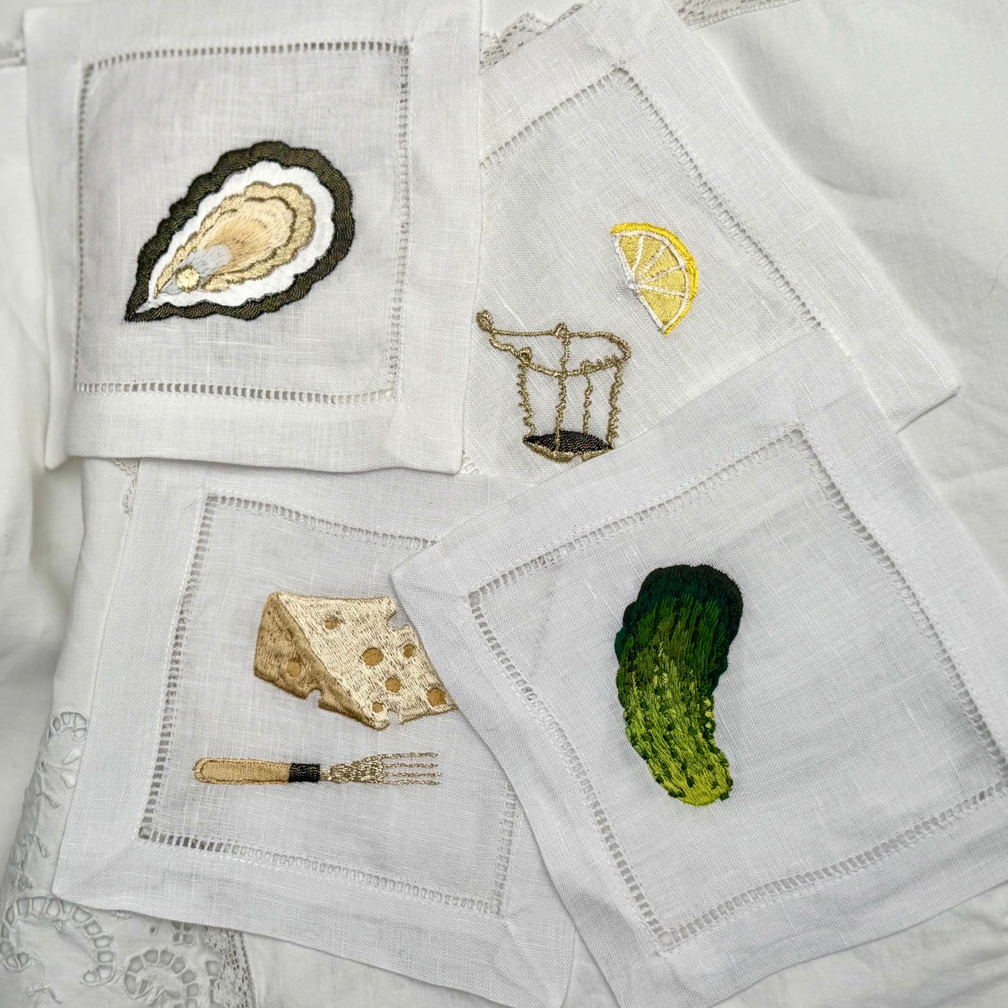Pairs Of Linen Embroidered Drinks Coasters