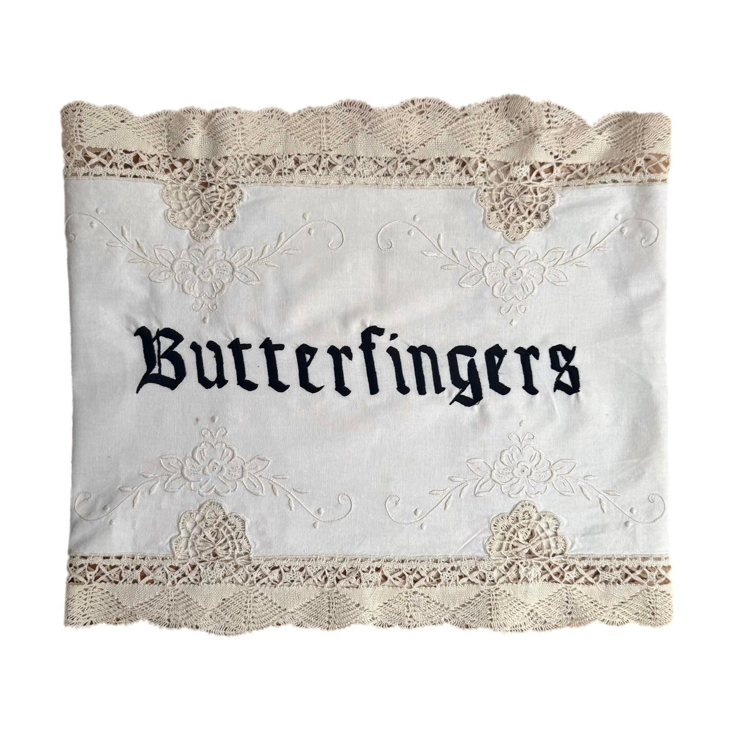 Butterfingers embroidered artwork on white background