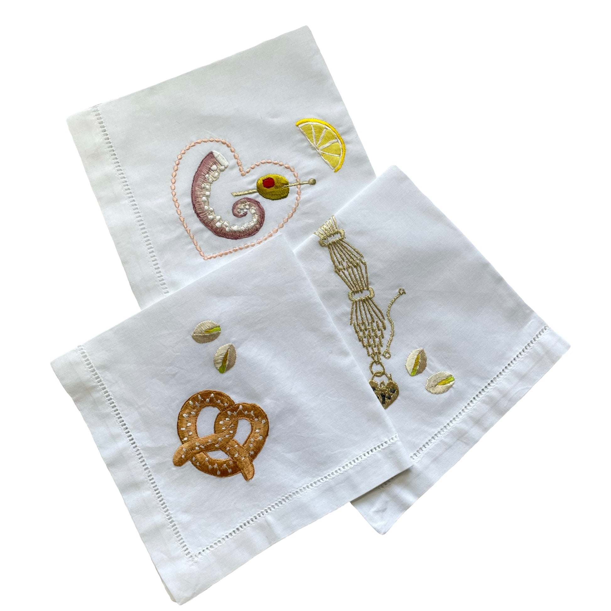 Trio of Ellie Mac x Alma Berrow embroidered napkins