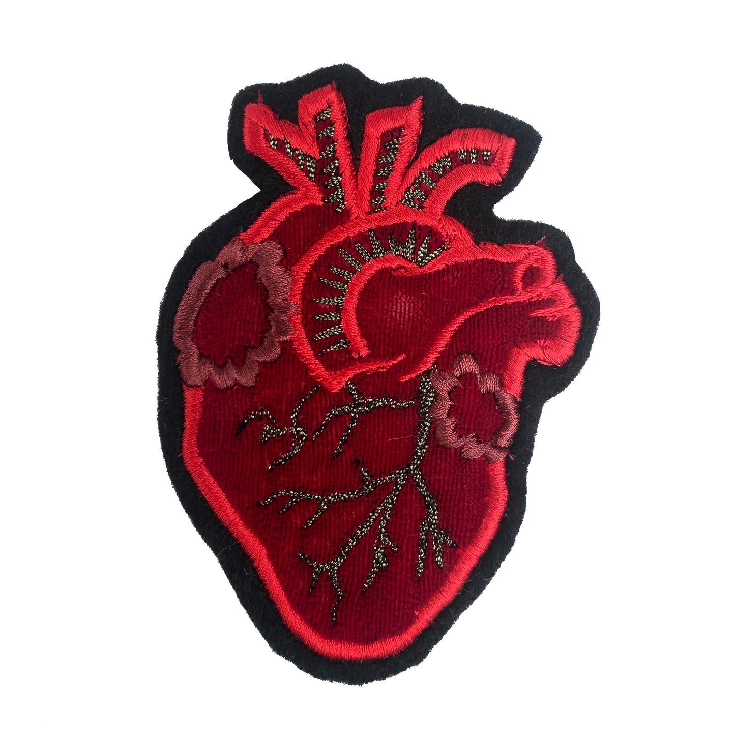 Velvet heart embroidered patch on white background