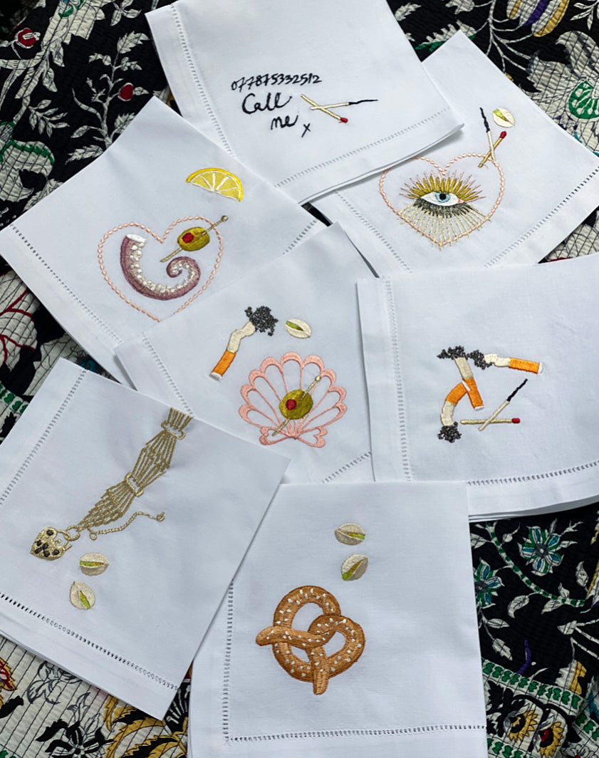 Collection of Alma Berrow x Ellie Mac Embroidery collaborative embroidered napkins
