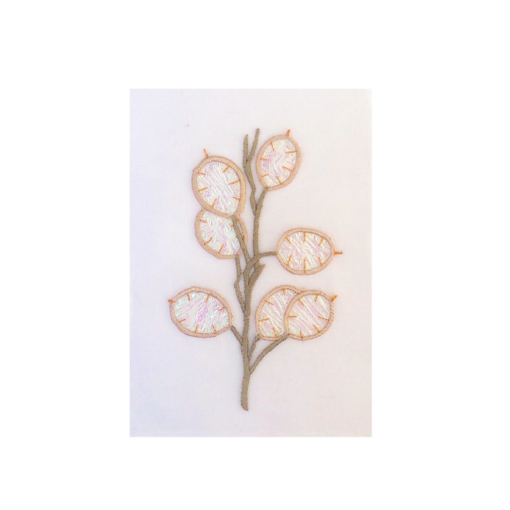 Sheer silk organza honesty embroidery on white background