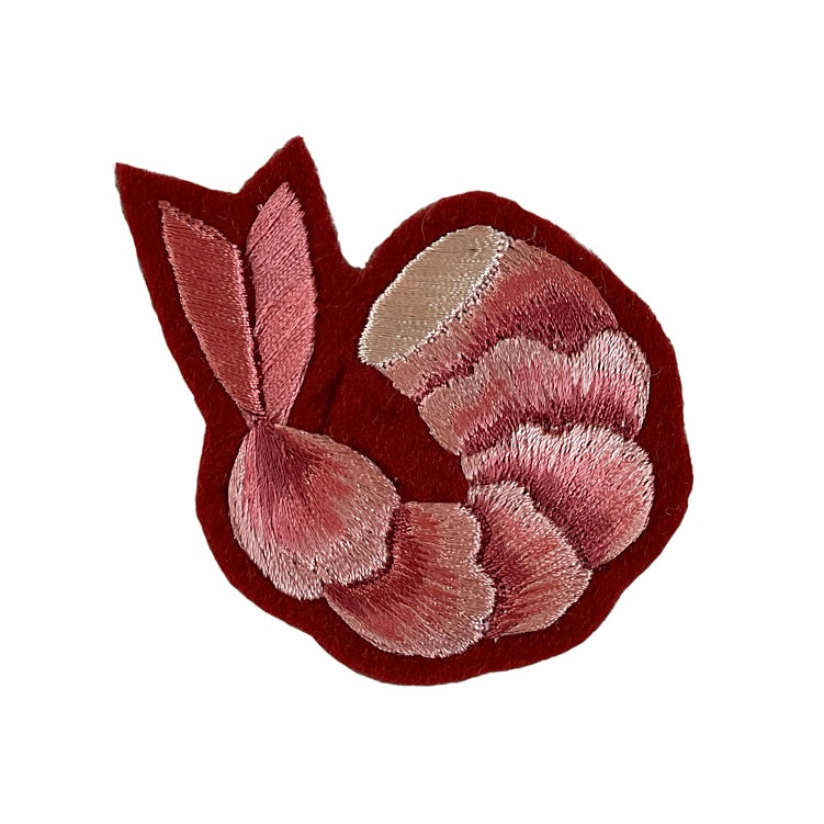 Prawn embroidered patch on white back ground