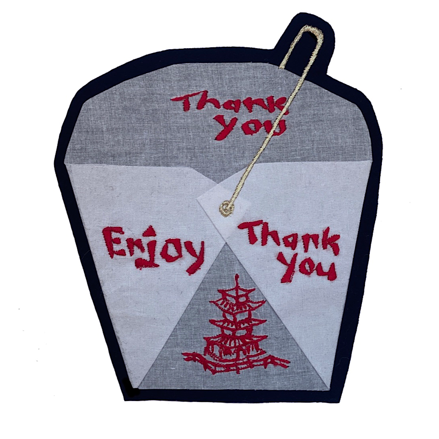 Origami takeaway box embroidered artwork on white background