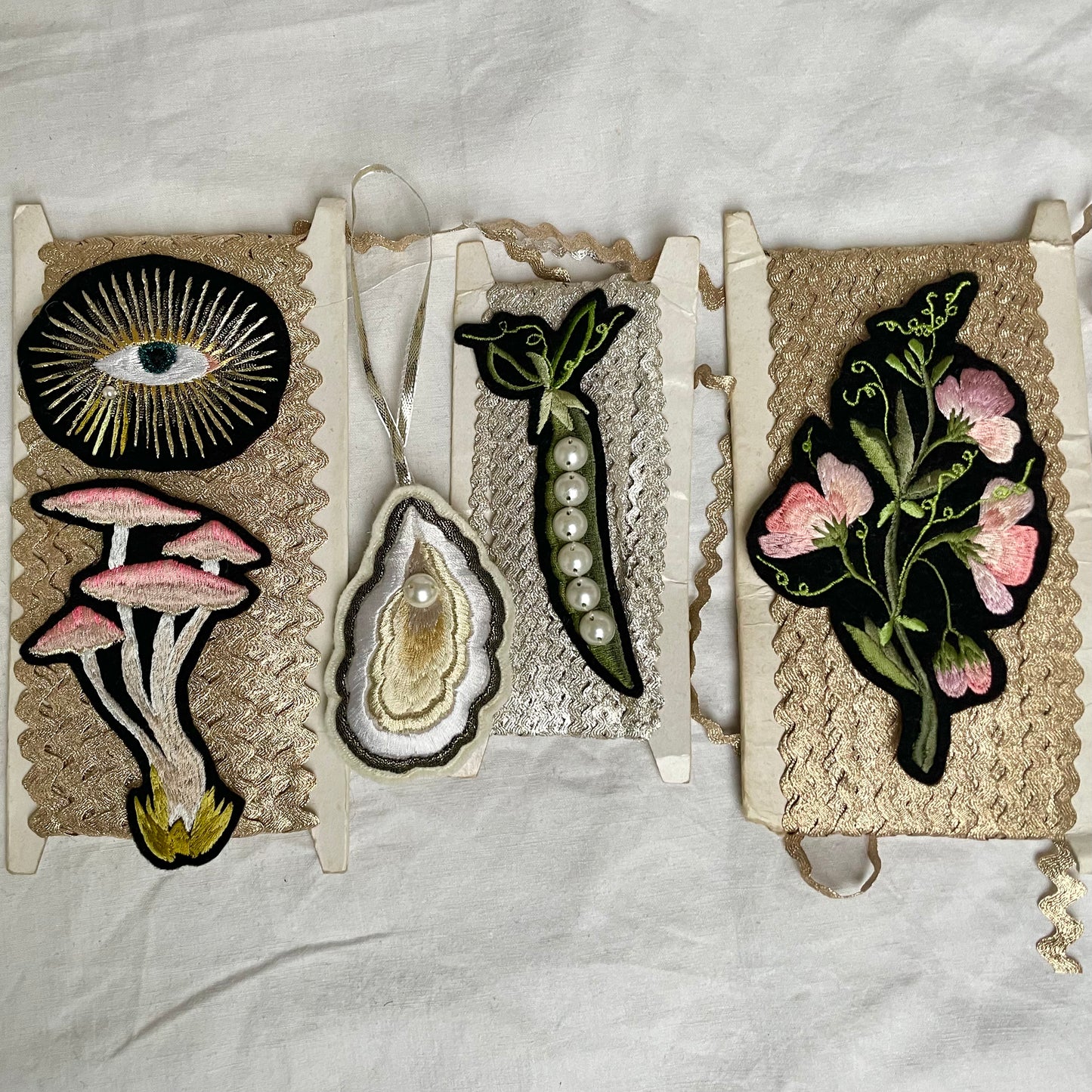 Embroidered patches on vintage trim