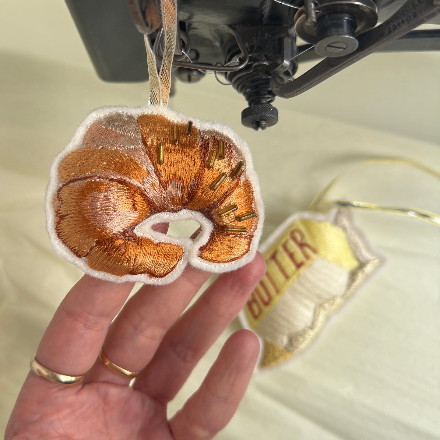 Hanging Butter and Croissant Embroidered Decoration
