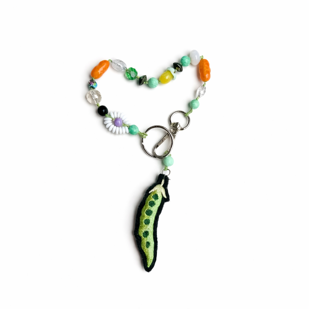 Padded Embroidered Pea with Vintage Beads Bag Charm