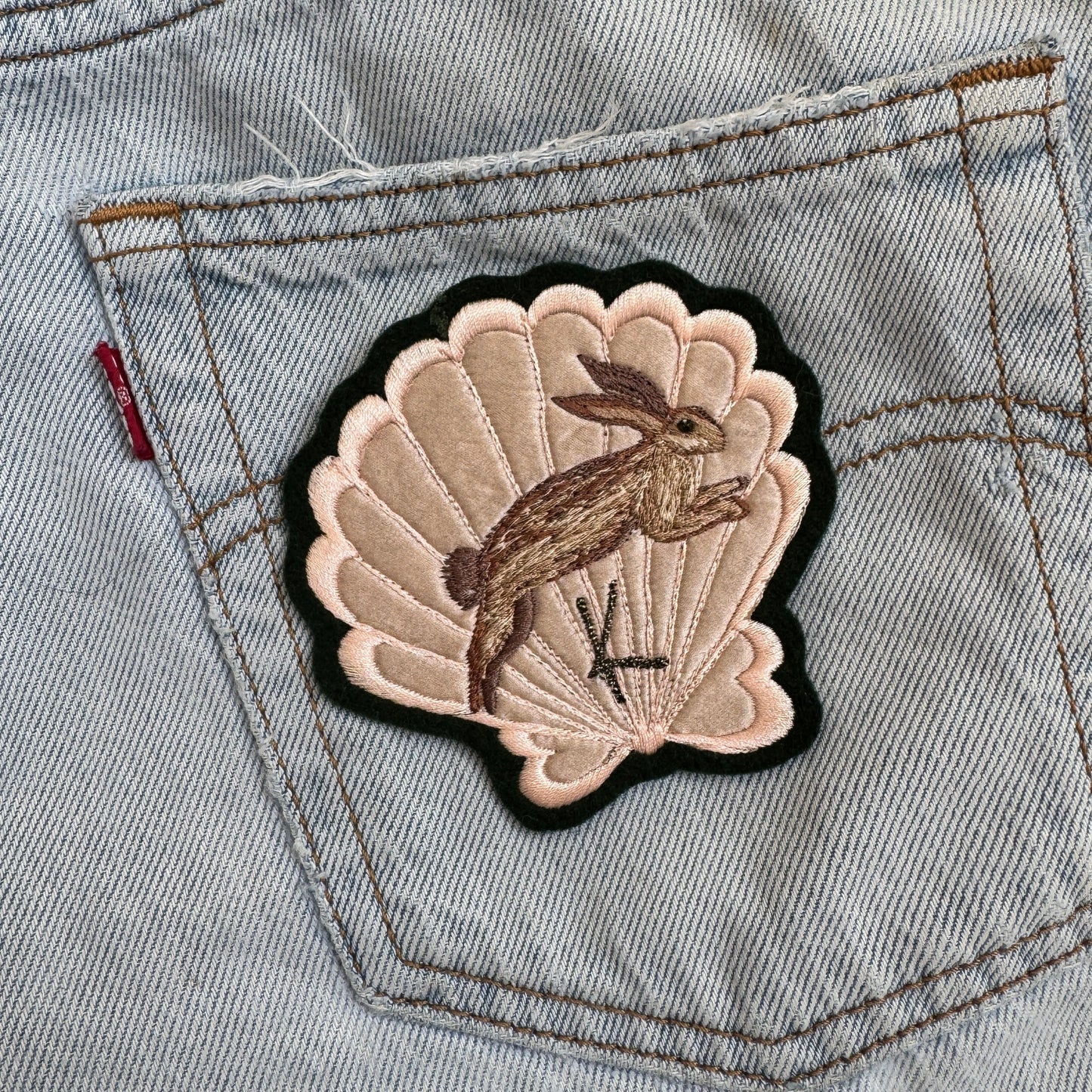 Silk Applique Shell with Leaping Hare Embroidered Patch