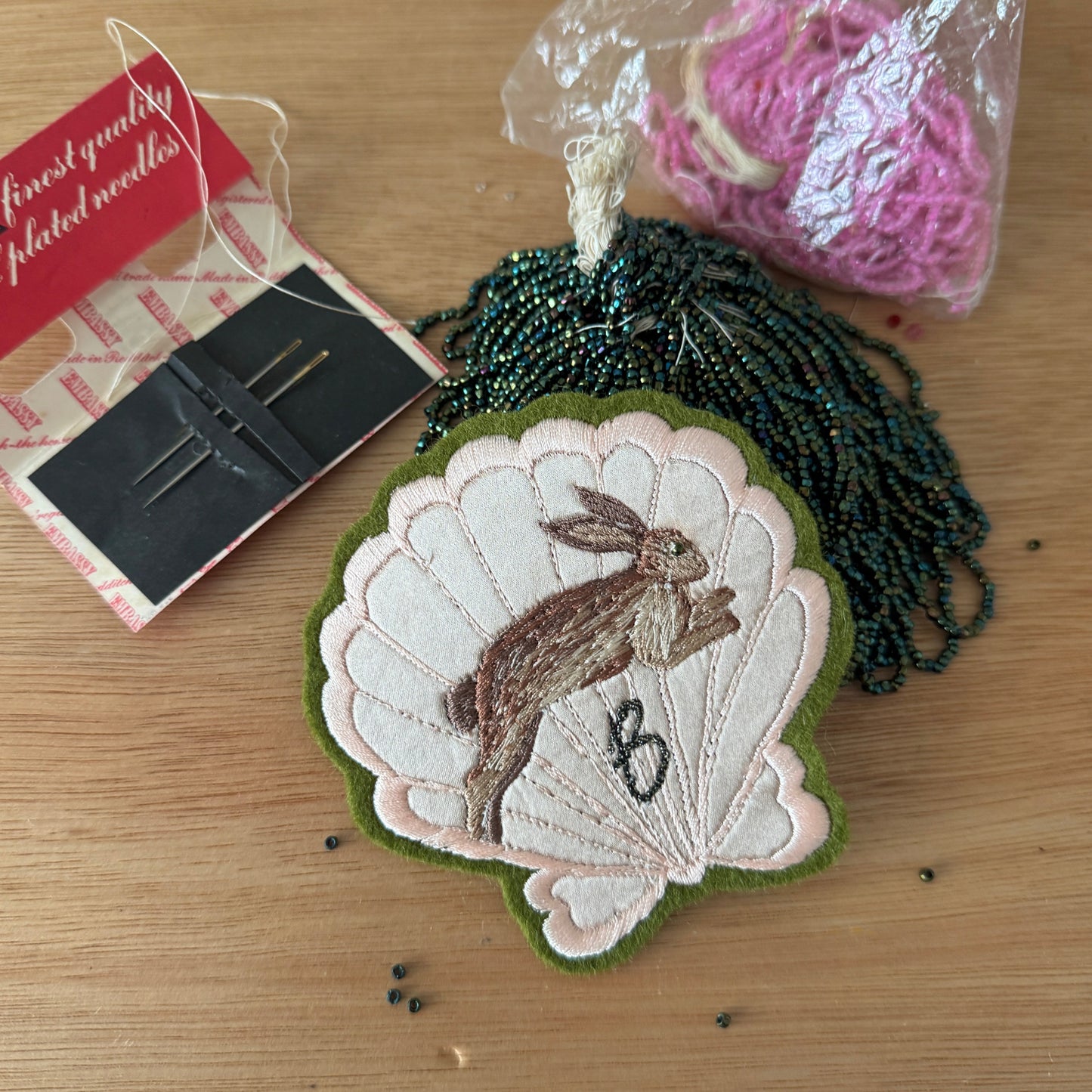 Silk Applique Shell with Leaping Hare Embroidered Patch