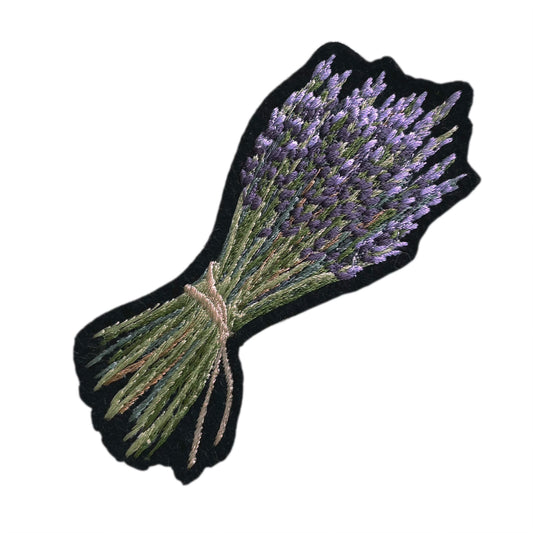 Lavender embroidered patch on a white background