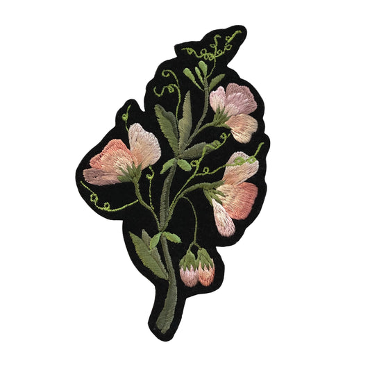 Single sweet pea embroidered patch on white background