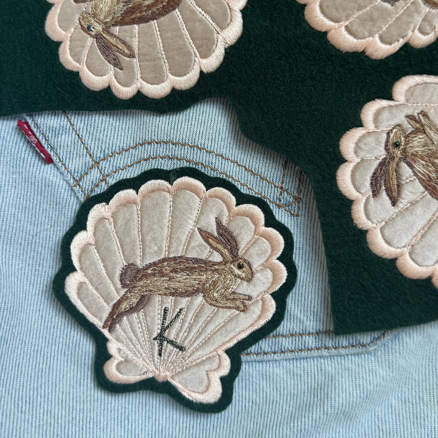 Silk Applique Shell with Leaping Hare Embroidered Patch