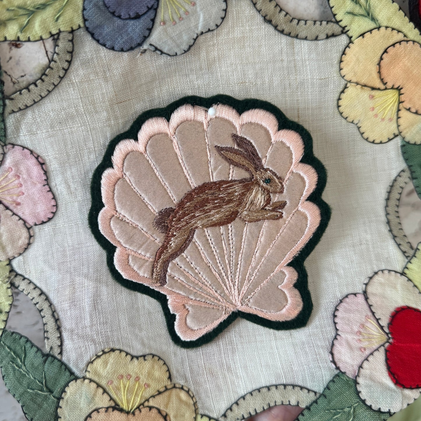 Silk Applique Shell with Leaping Hare Embroidered Patch