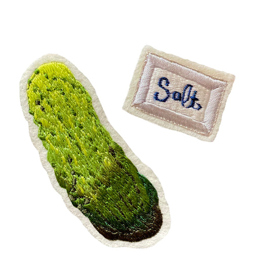 Gherkin and salt sachet embroidered patches