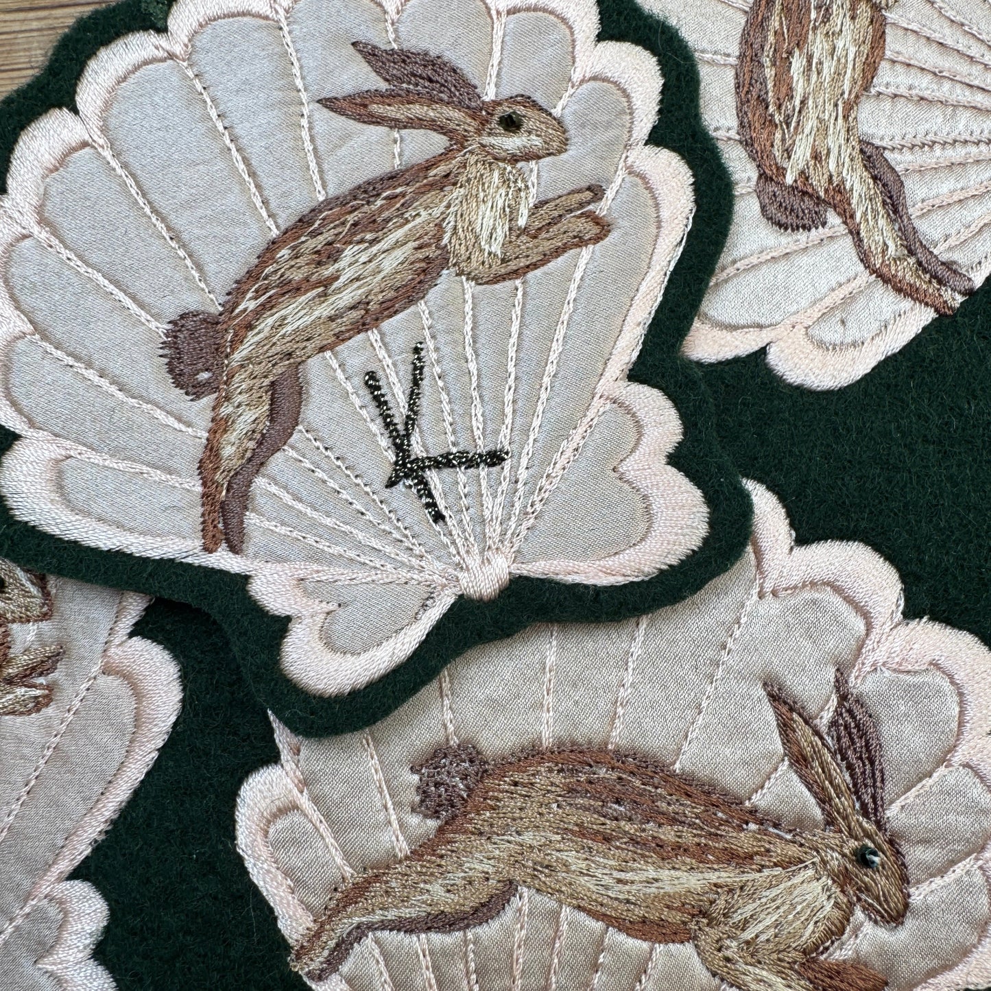 Silk Applique Shell with Leaping Hare Embroidered Patch
