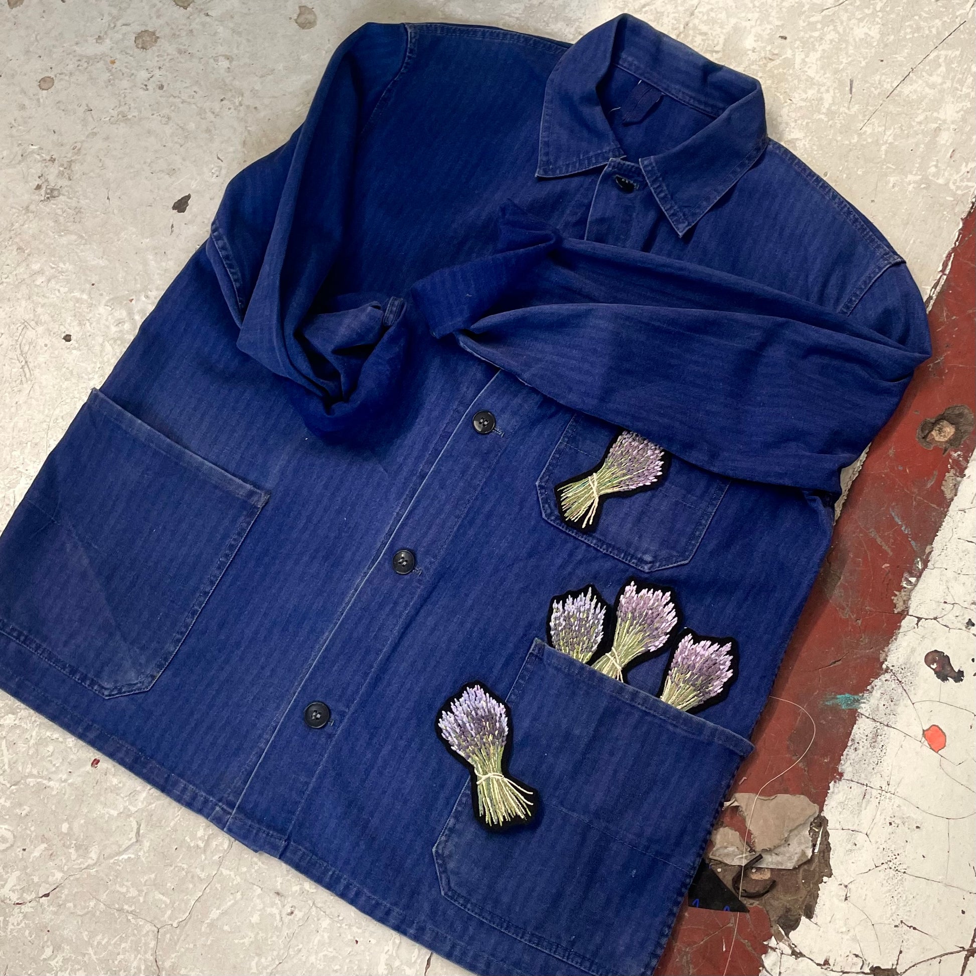 Lavender on blue jacket 