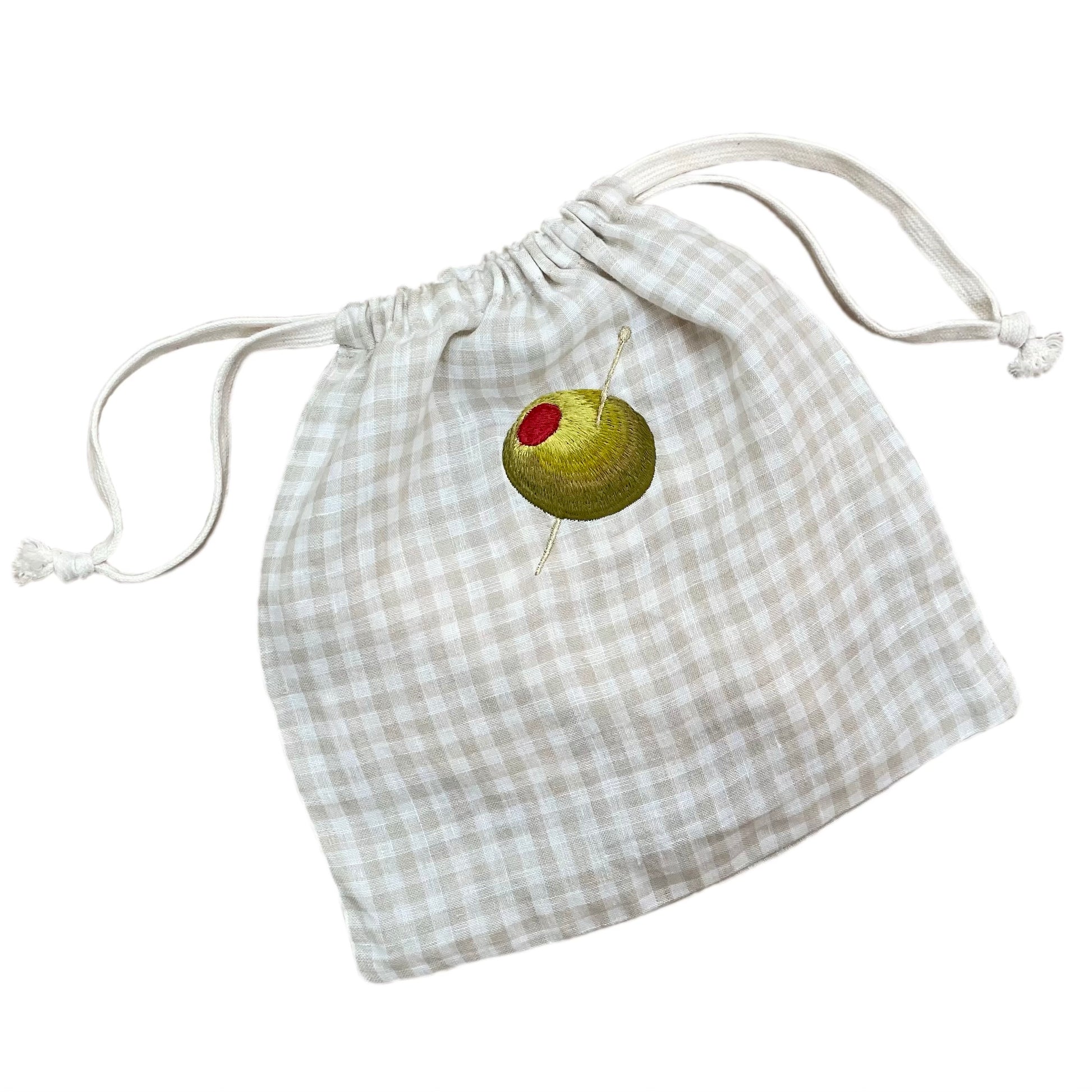 linen drawstring bag with olive embroidery