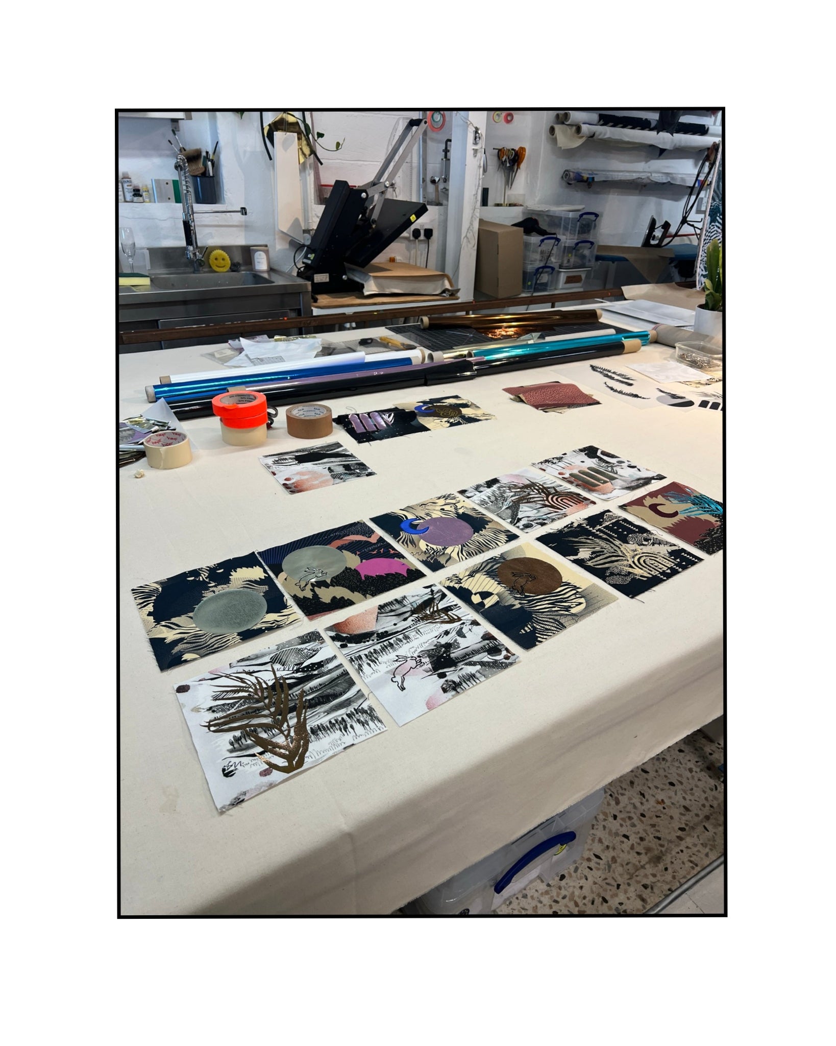 Table with printed designs in a workshop setting