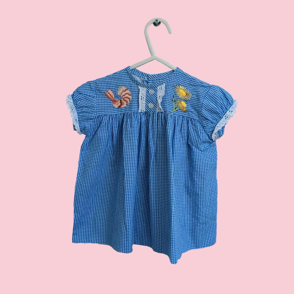 Blue Gingham Baby Dress With Embroidered Prawn & Metallic Daisy Motif