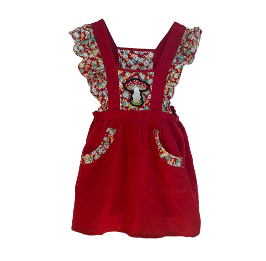 Red Print Pinafore Dress With Embroidered Mushroom Patch