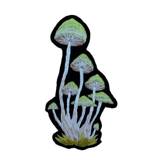 Green cluster mushrooms embroidered patch on white background