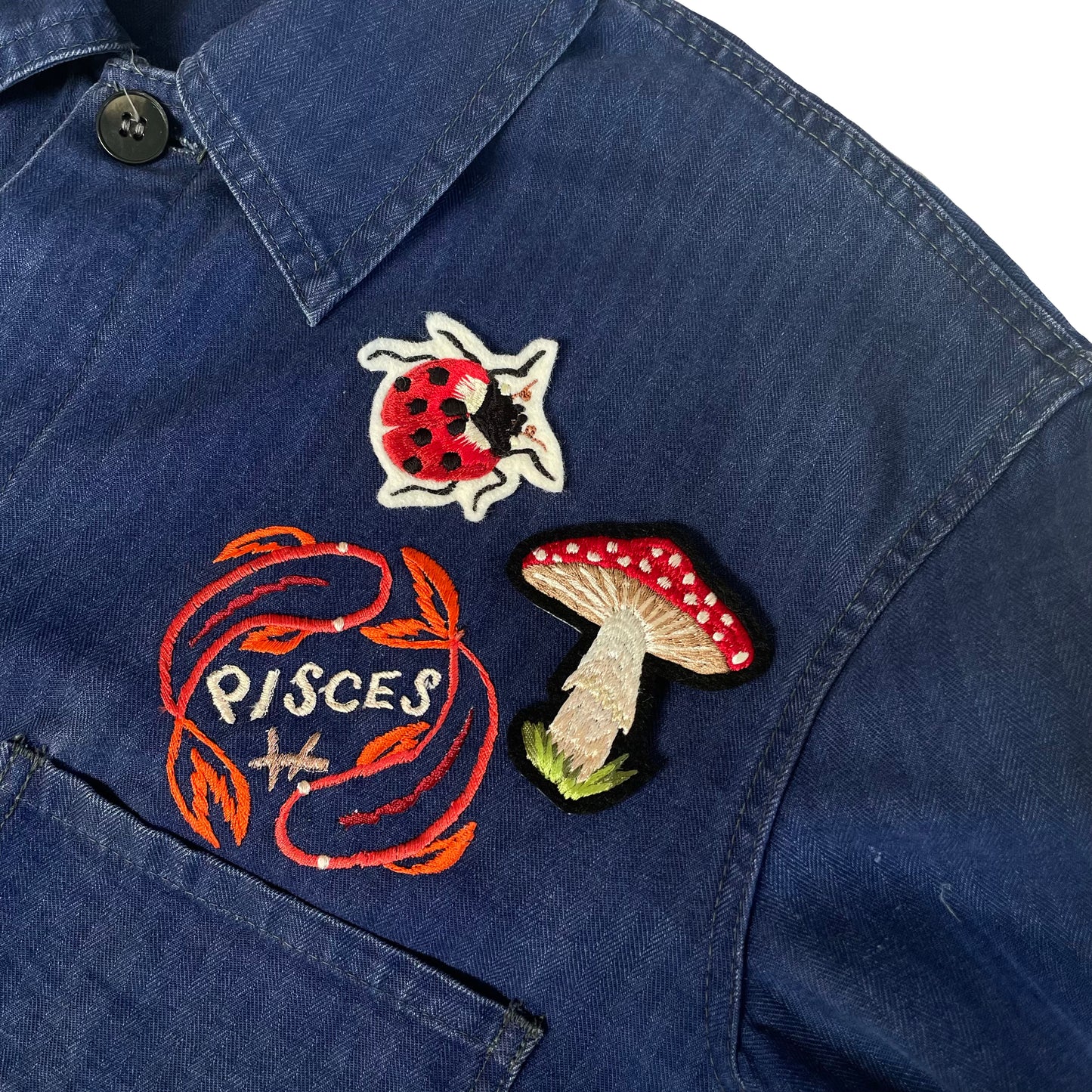 Close-up of front shoulder of blue jacket with embroidered fish and the word pisces plus two embroidered patches of a lady bird and small mushroom