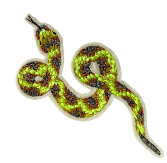 neon green  snake embroidered patch on white background