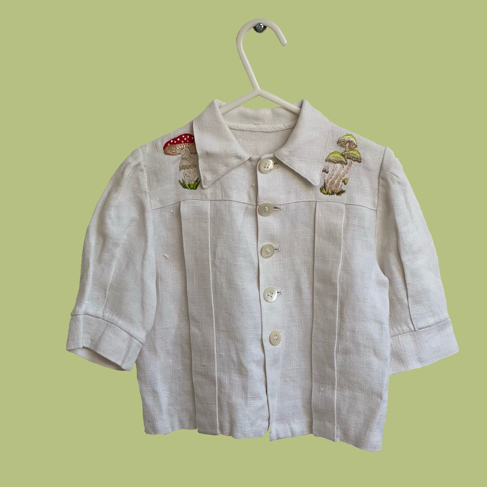 Little Linen Summer Jacket With Embroidered Mushrooms