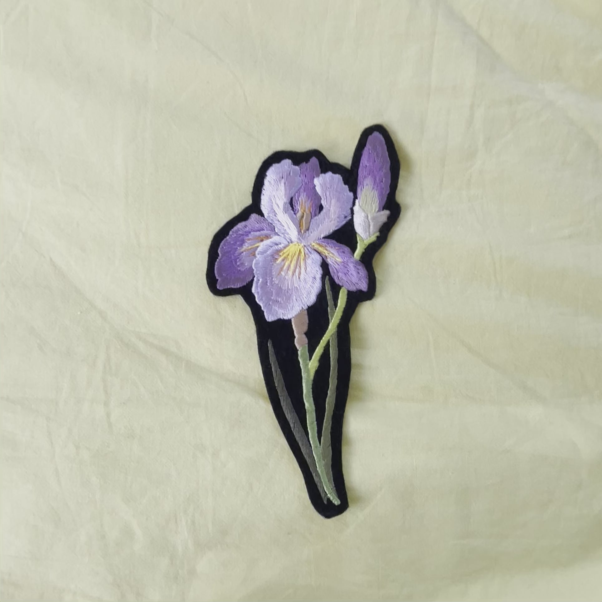 Video close-up of someone's hand holding the embroidered iris patch and bringing it closer to the camera