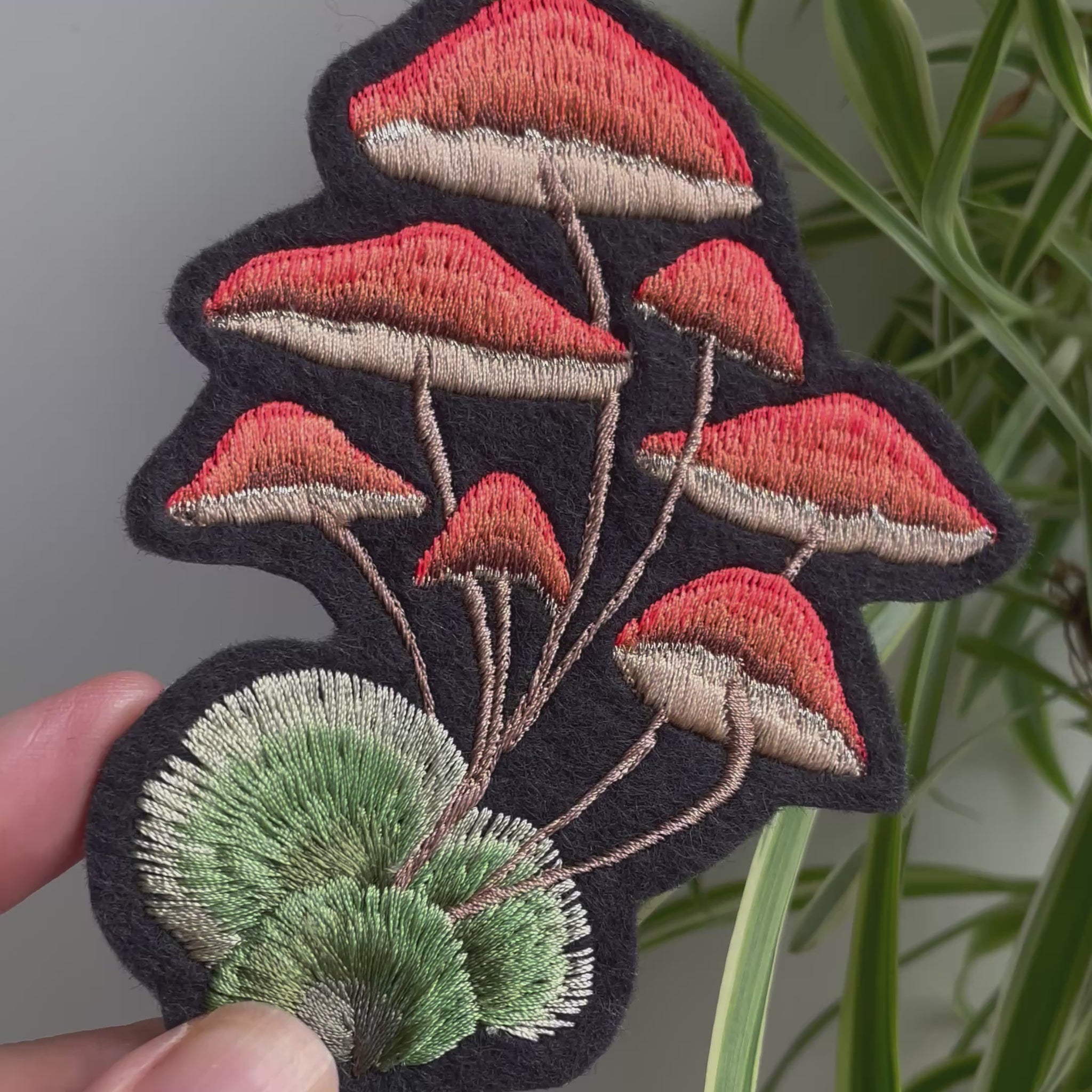 Video of embroidered mushroom patch 