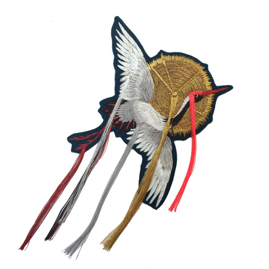 Fringed Crane Embroidered Patch on white background
