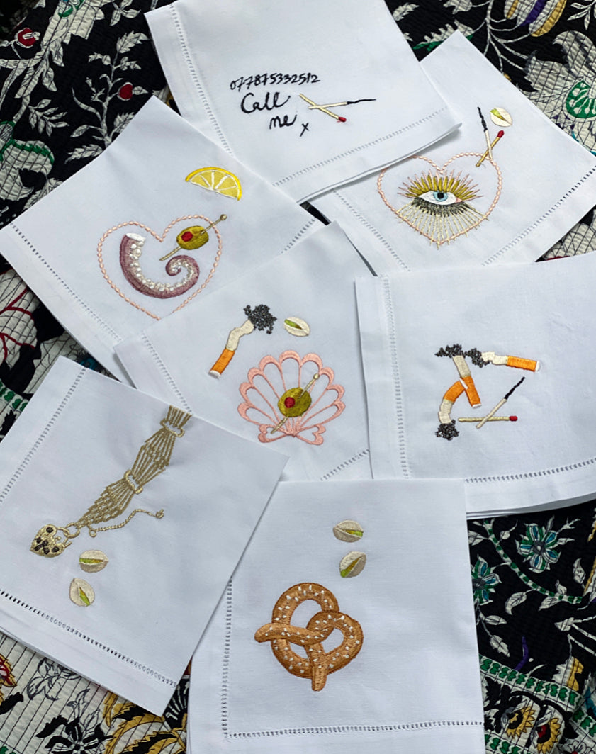 Collection of Alma Berrow x Ellie Mac Embroidery collaborative embroidered napkins 