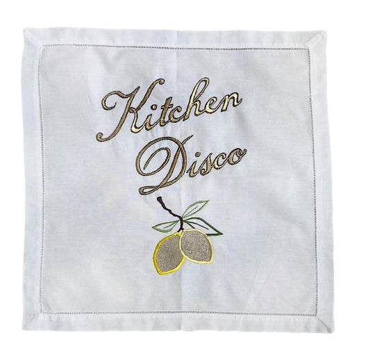 Kitchen Disco embroidered artwork on white background