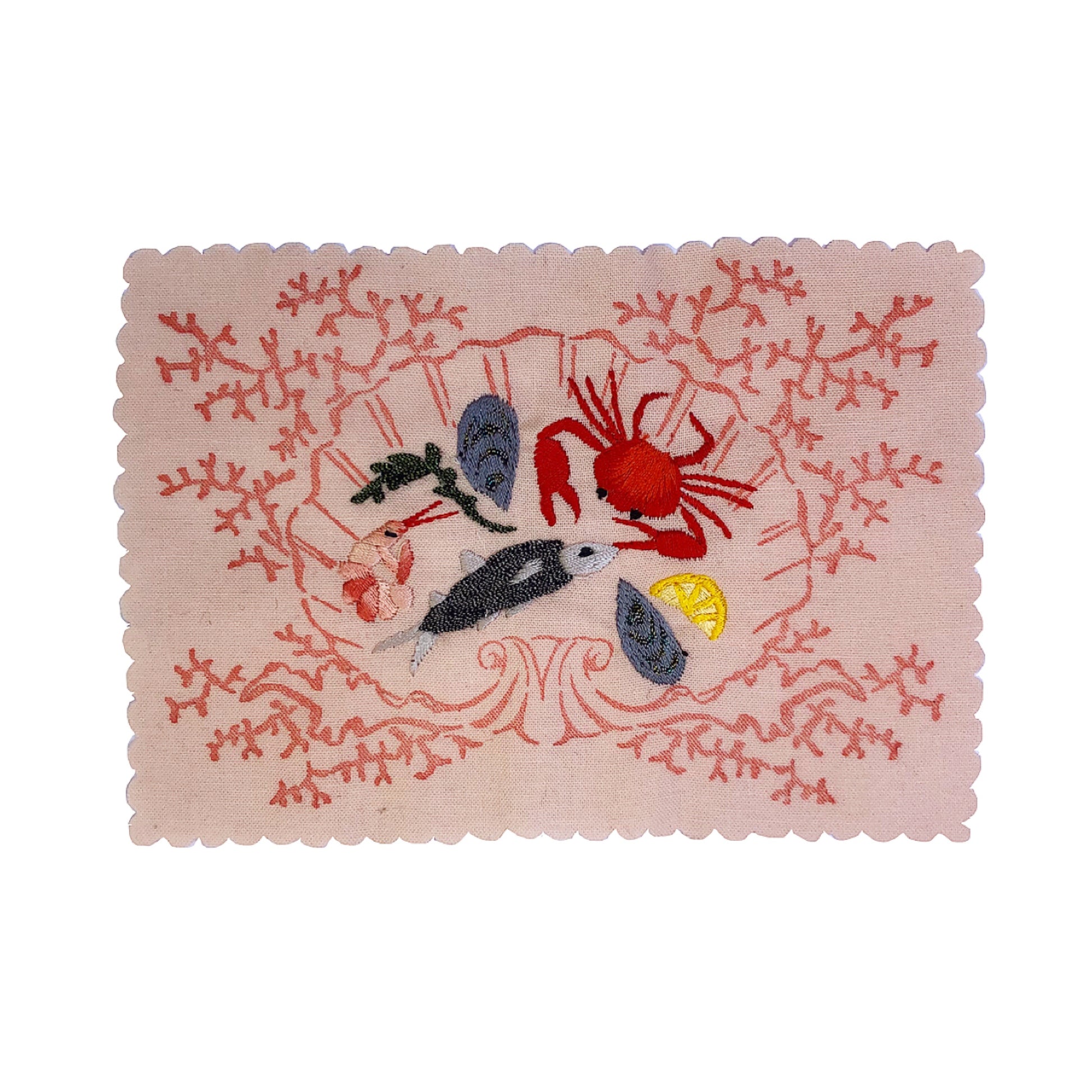 'Fruits de Mer' embroidered piece on white background