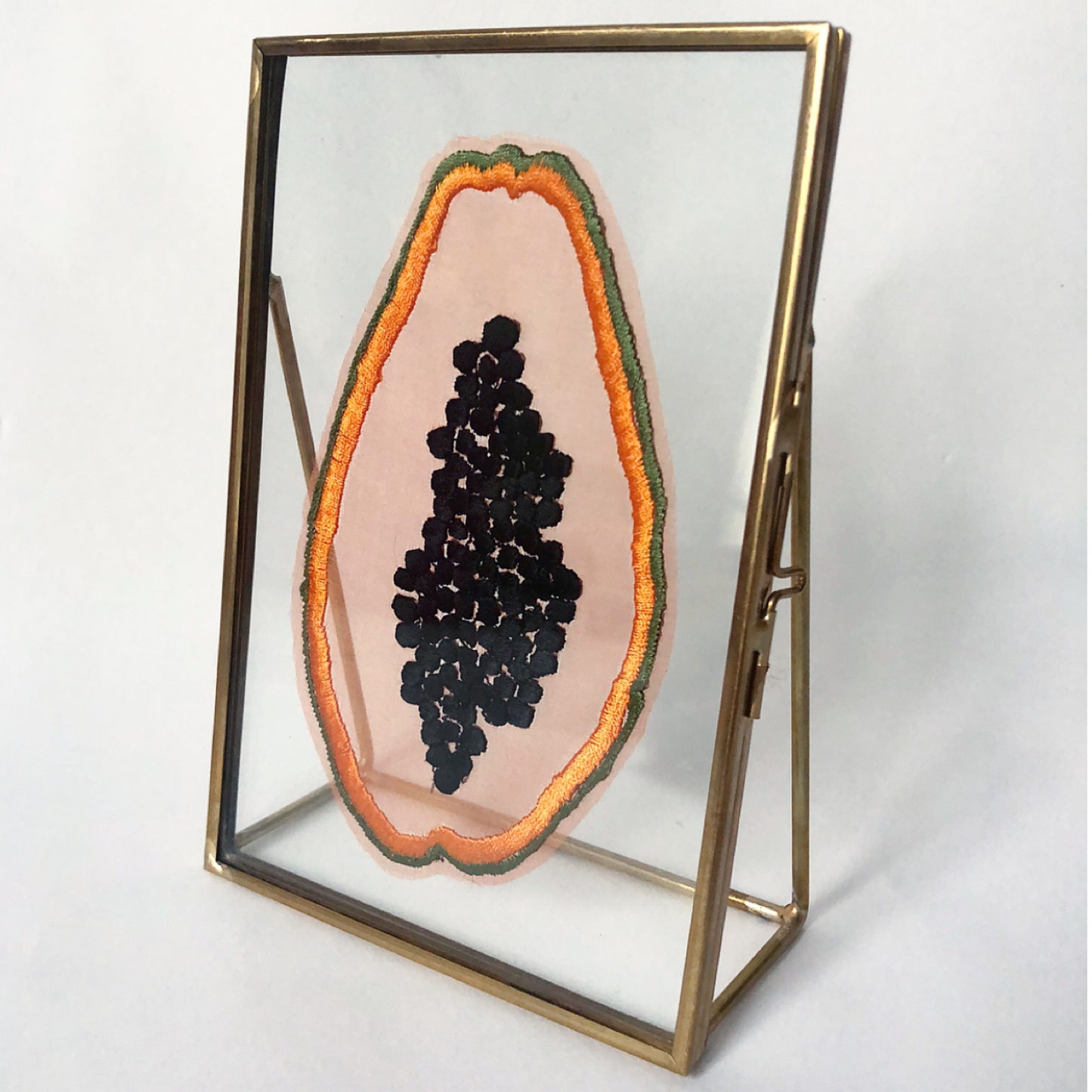 Sheer silk embroidered papaya show in glass picture frame with thin metal border