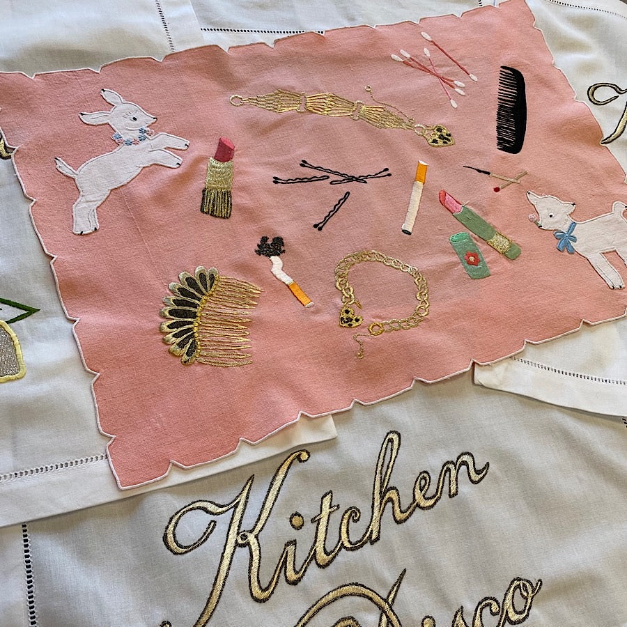 ‘Dressing Table Bits’ embroidered artwork lain over Kitchen Disco embroidered artworks
