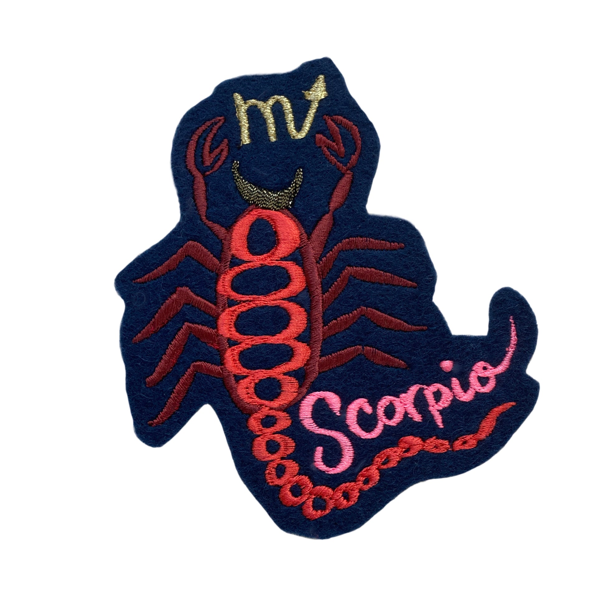 Scorpio embroidered patch on white background