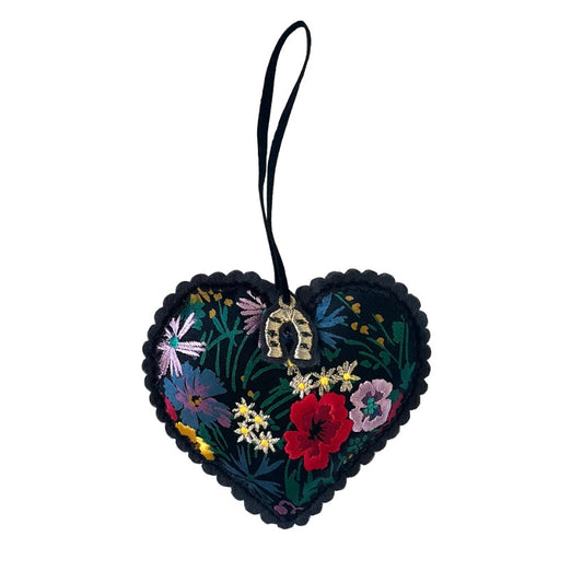 Embroidered hanging padded heart with ribbon loop and gold thread horsehoe charm