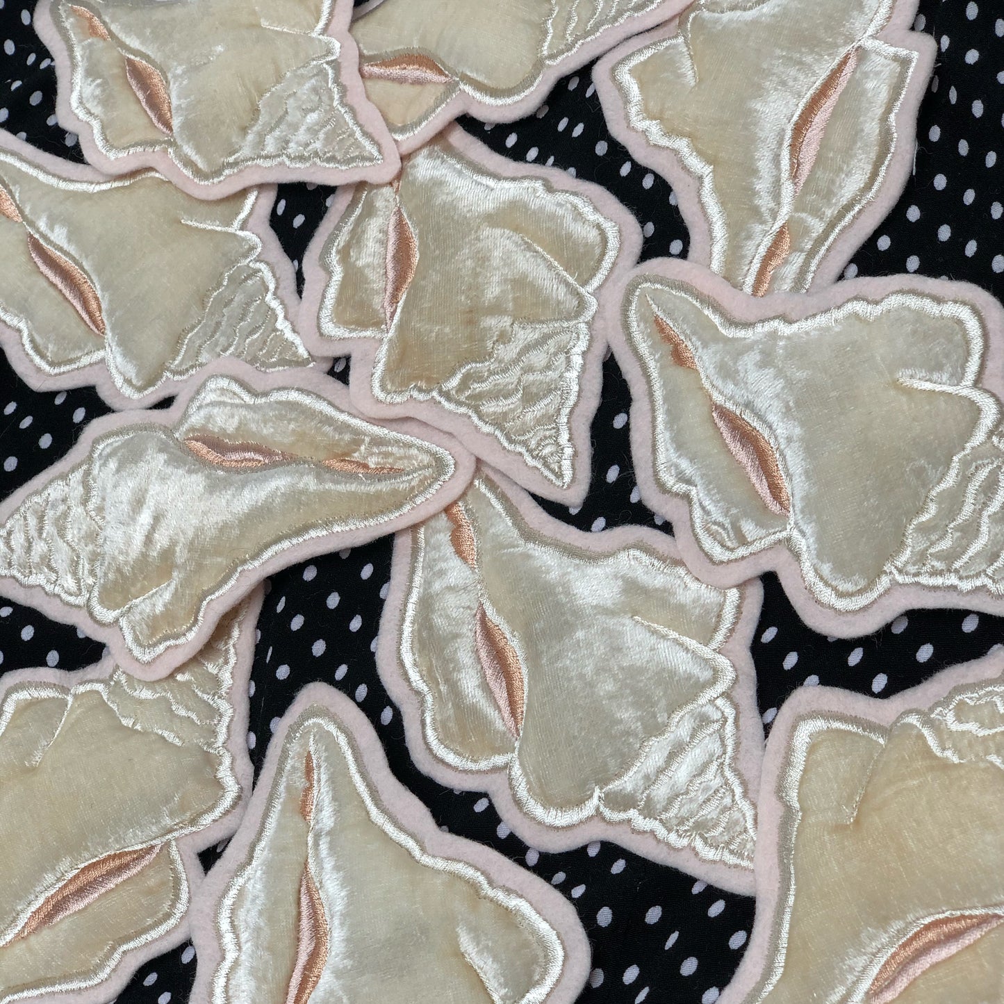 Selection of velvet conch shell embroidered patches on black and white polka dot background