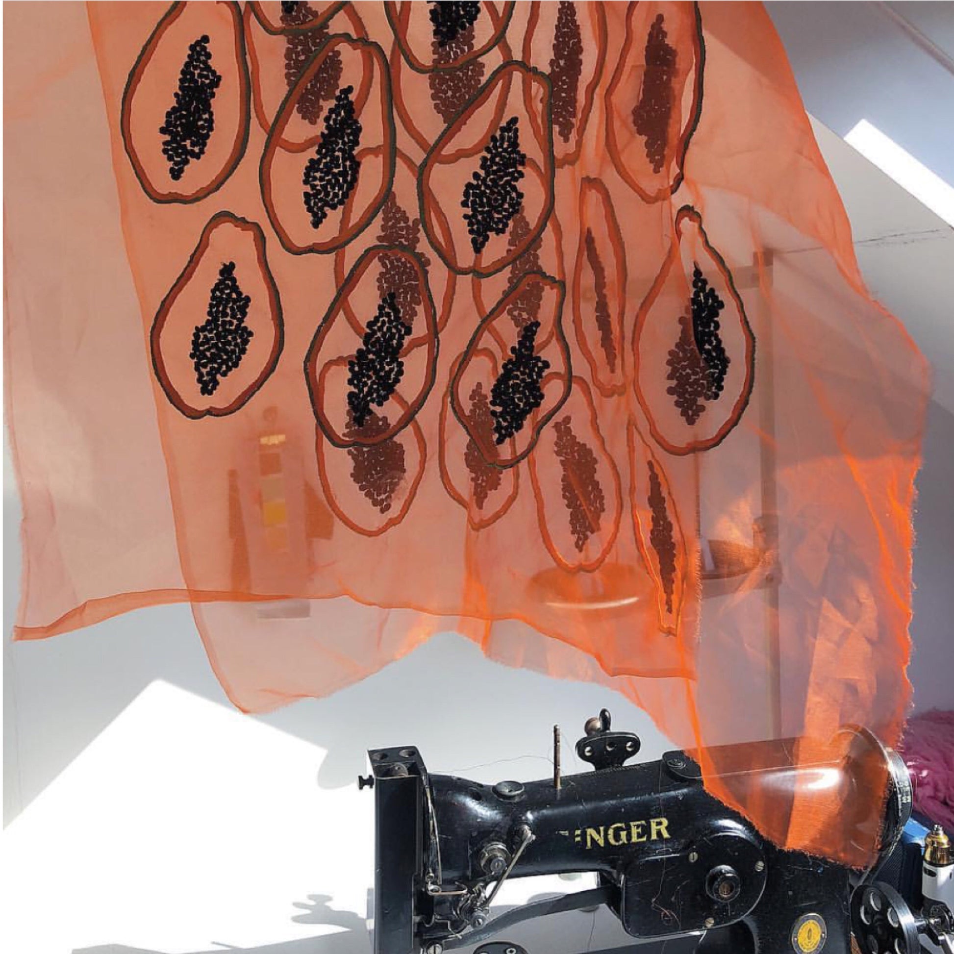 Two layers of sheer silk orange organza with a number of embroidered papayas on shown hanging in the sunlight, skimming the top of a vintage singer sewing machine