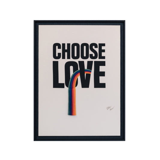 Framed artwork of Choose Love block lettering with an embroidered rainbow