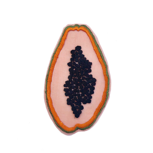Sheer silk embroidered papaya on white background