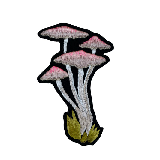 woodland mushroom embroidered patch in subtle nudes and pink on white background
