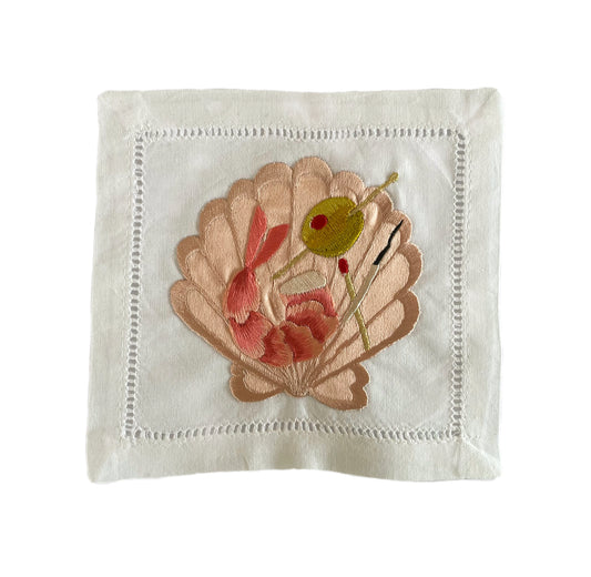 Ellie Mac Embroidery Embroidered Shell Artwork On Small White Napkin