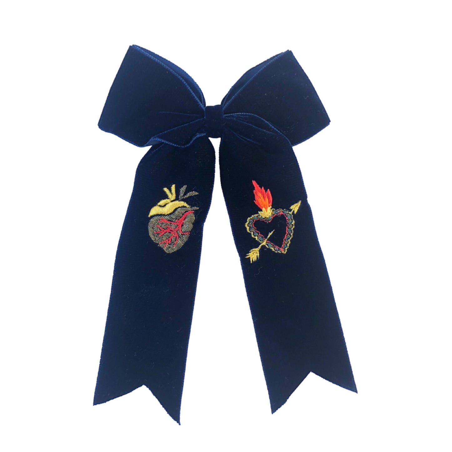 Navy velvet hair bow on white background