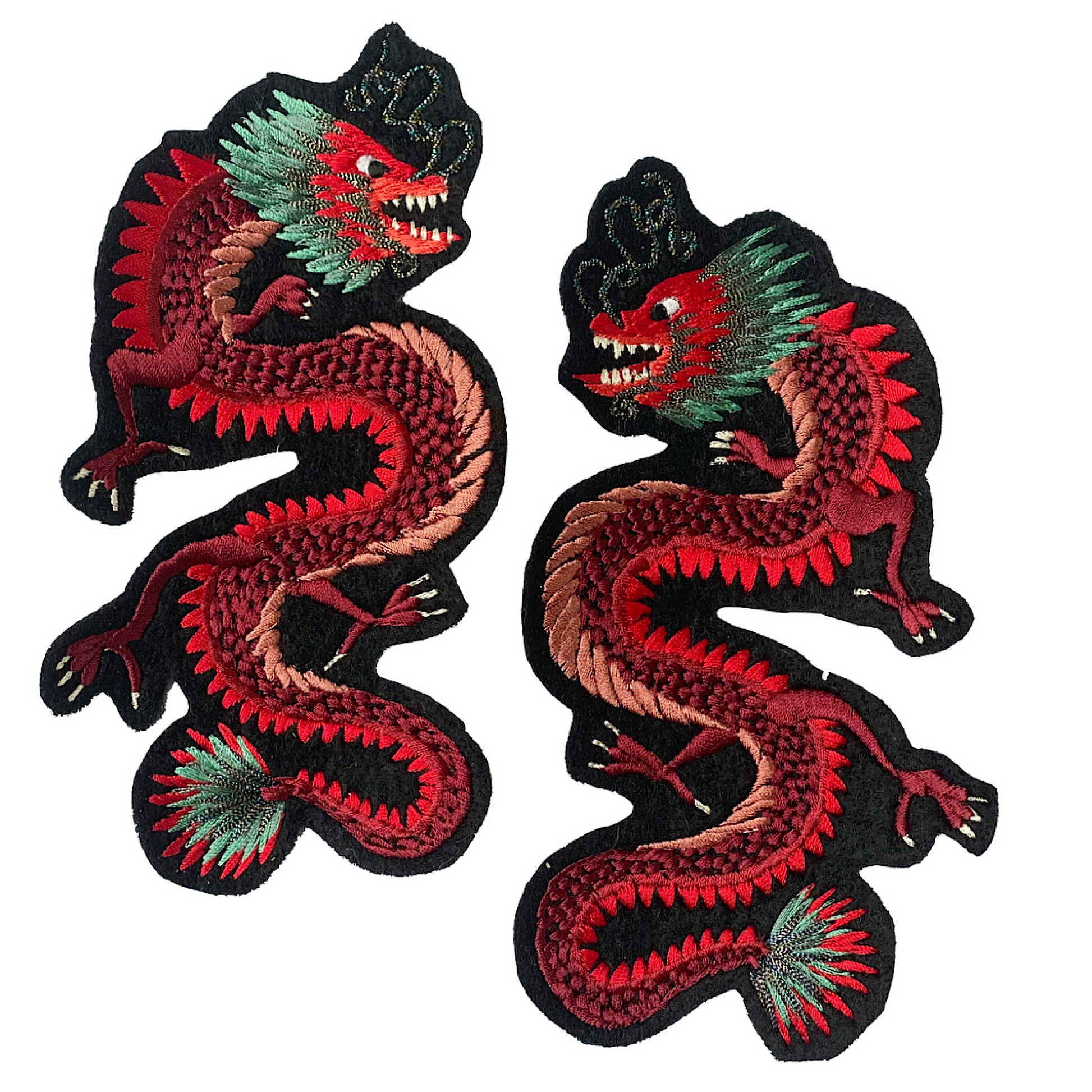 Pair of dragon embroidered patches on white background