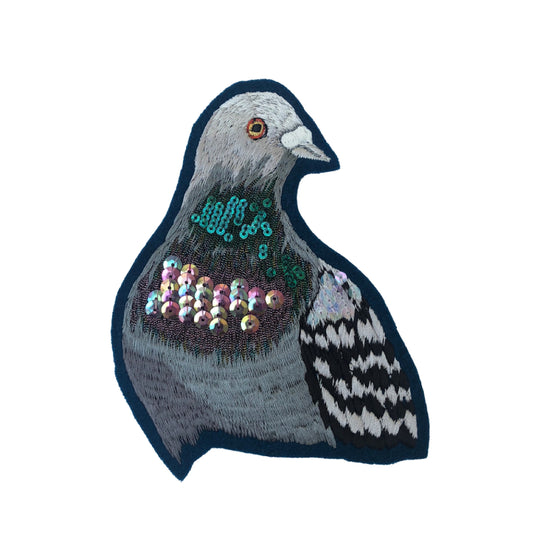 Sparkly pigeon portrait on white background