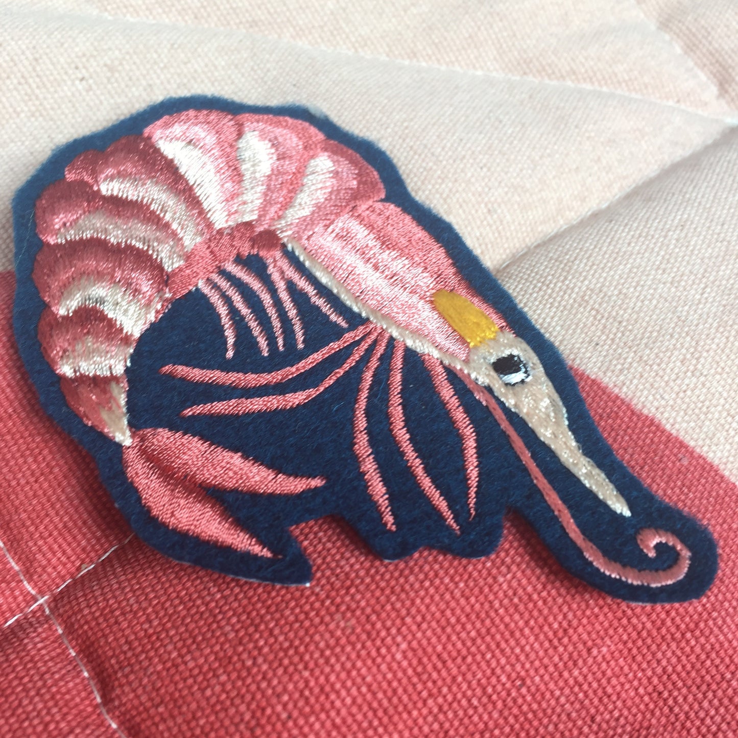 Prawn embroidered patch, close-up